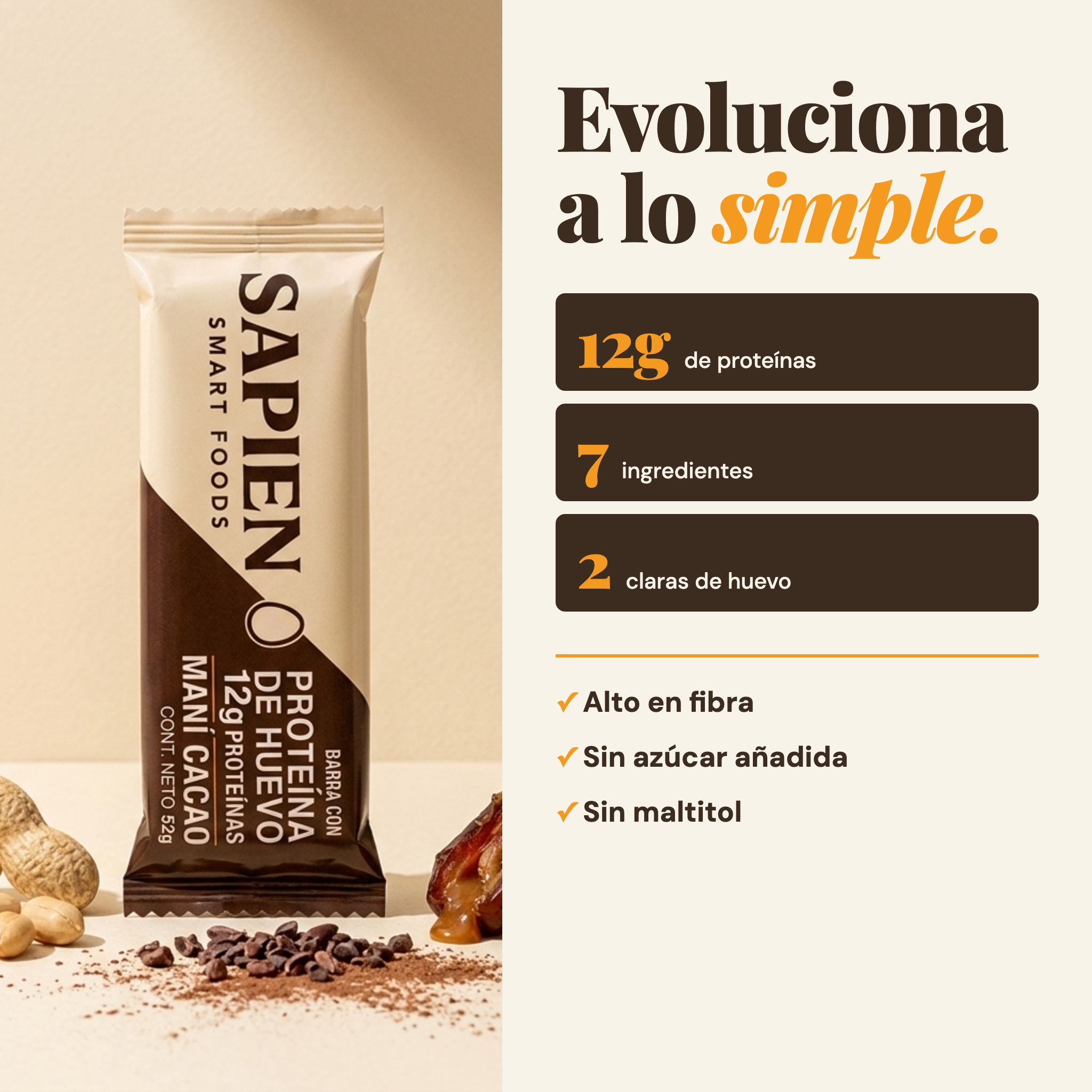 Barra Sapien Maní Cacao — ingredientes simples, libre de sellos