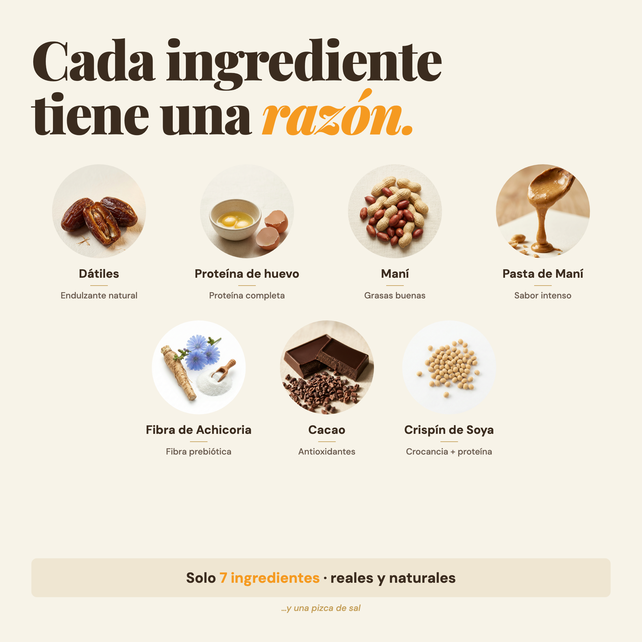 Ingredientes de la barra Sapien Maní Cacao: clara de huevo, dátil, maní y cacao