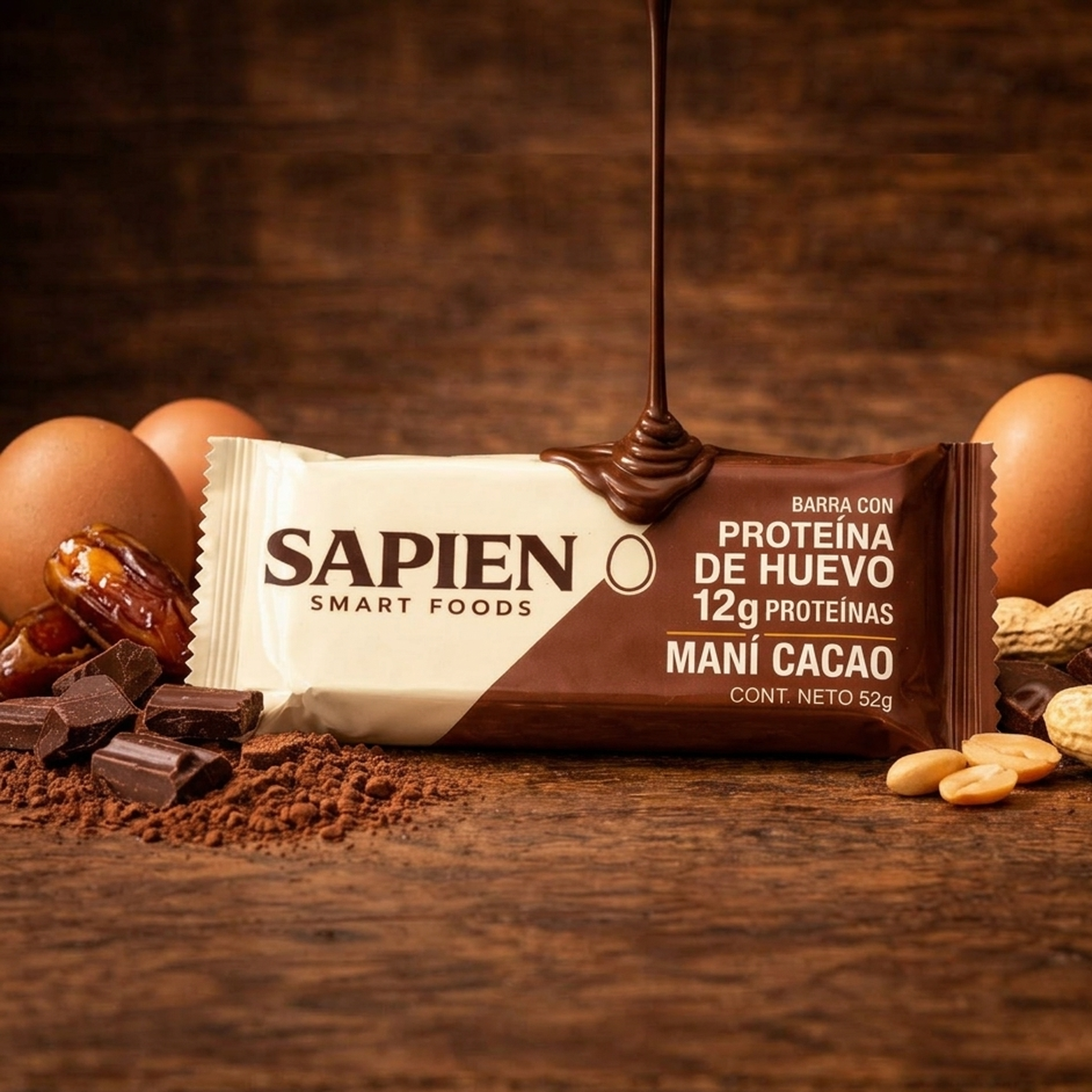Barra de proteína Sapien Maní Cacao 52g con 12g de proteína de clara de huevo