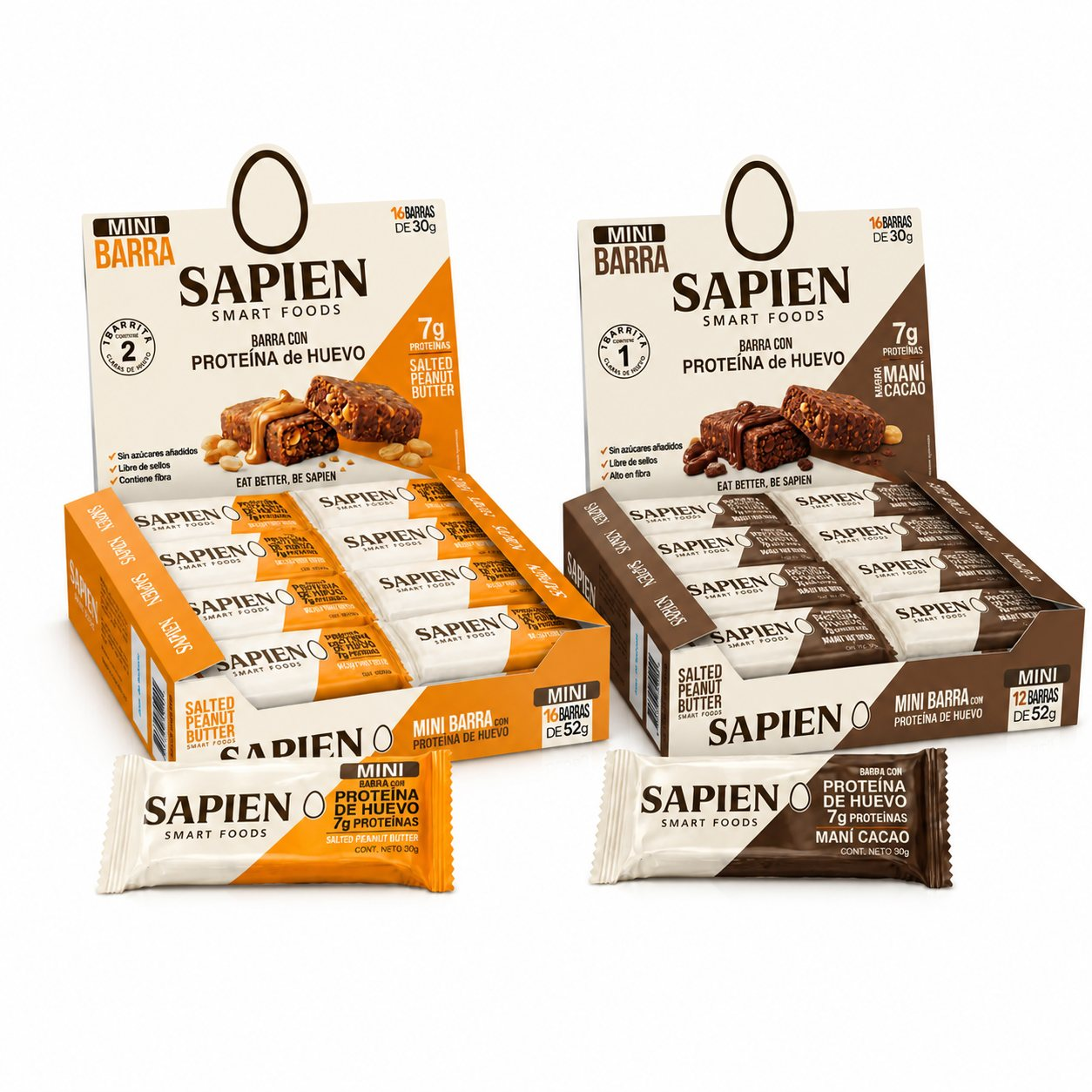 Pack de 2 cajas de 16 barritas mini Sapien 30g con proteína de clara de huevo