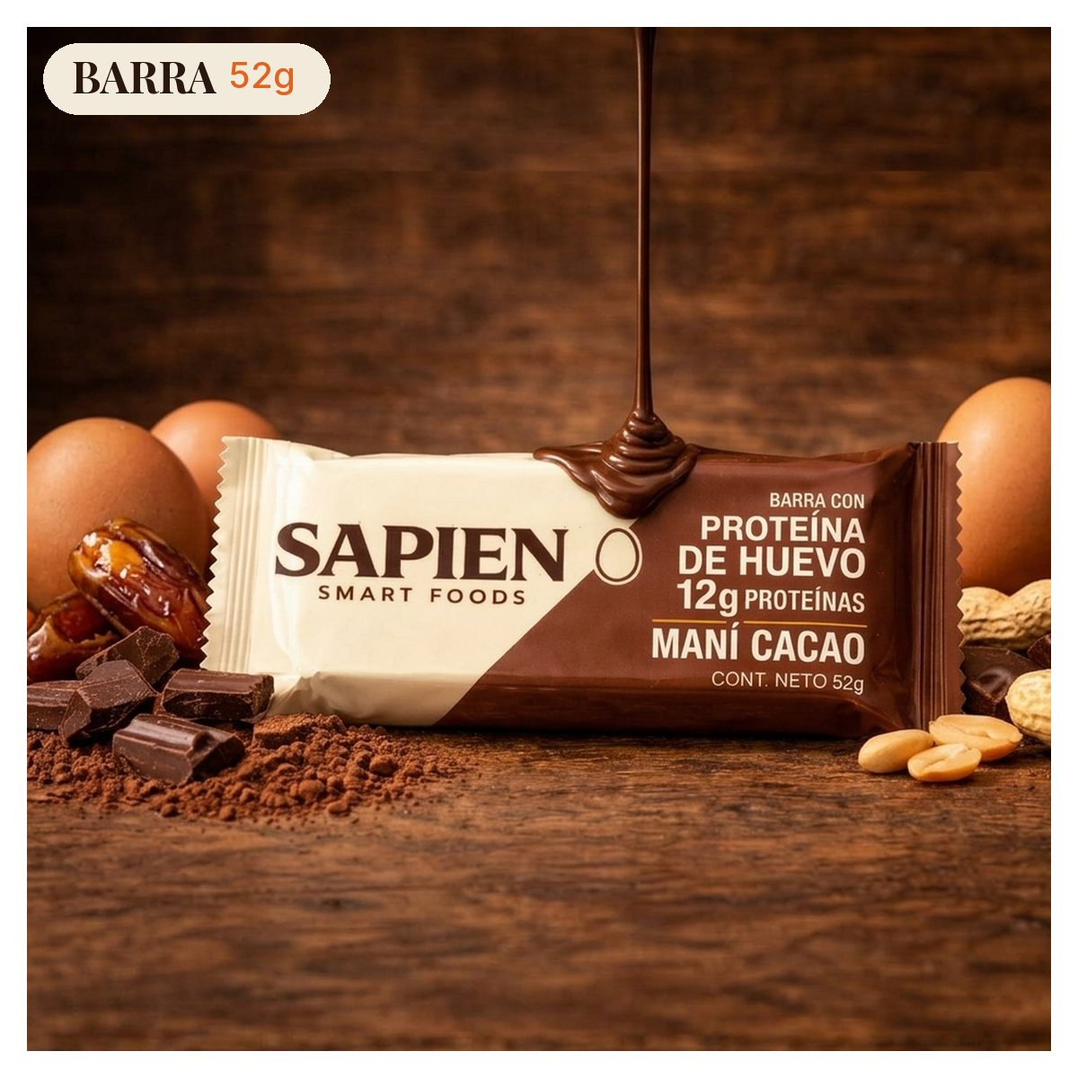 Barra de proteína de clara de huevo SAPIEN Maní Cacao 52g con cacao peruano