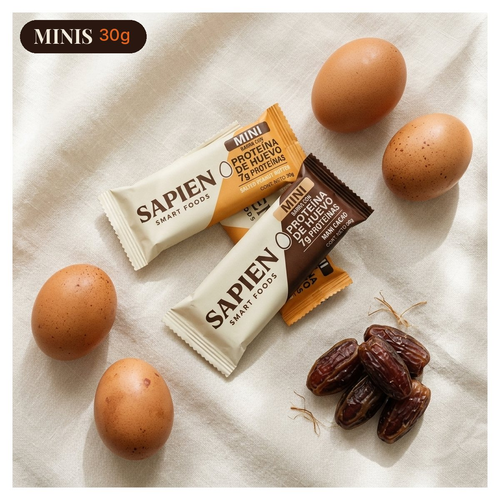 Caja de 16 mini barras de proteína de clara de huevo SAPIEN 30g, sabores maní y cacao