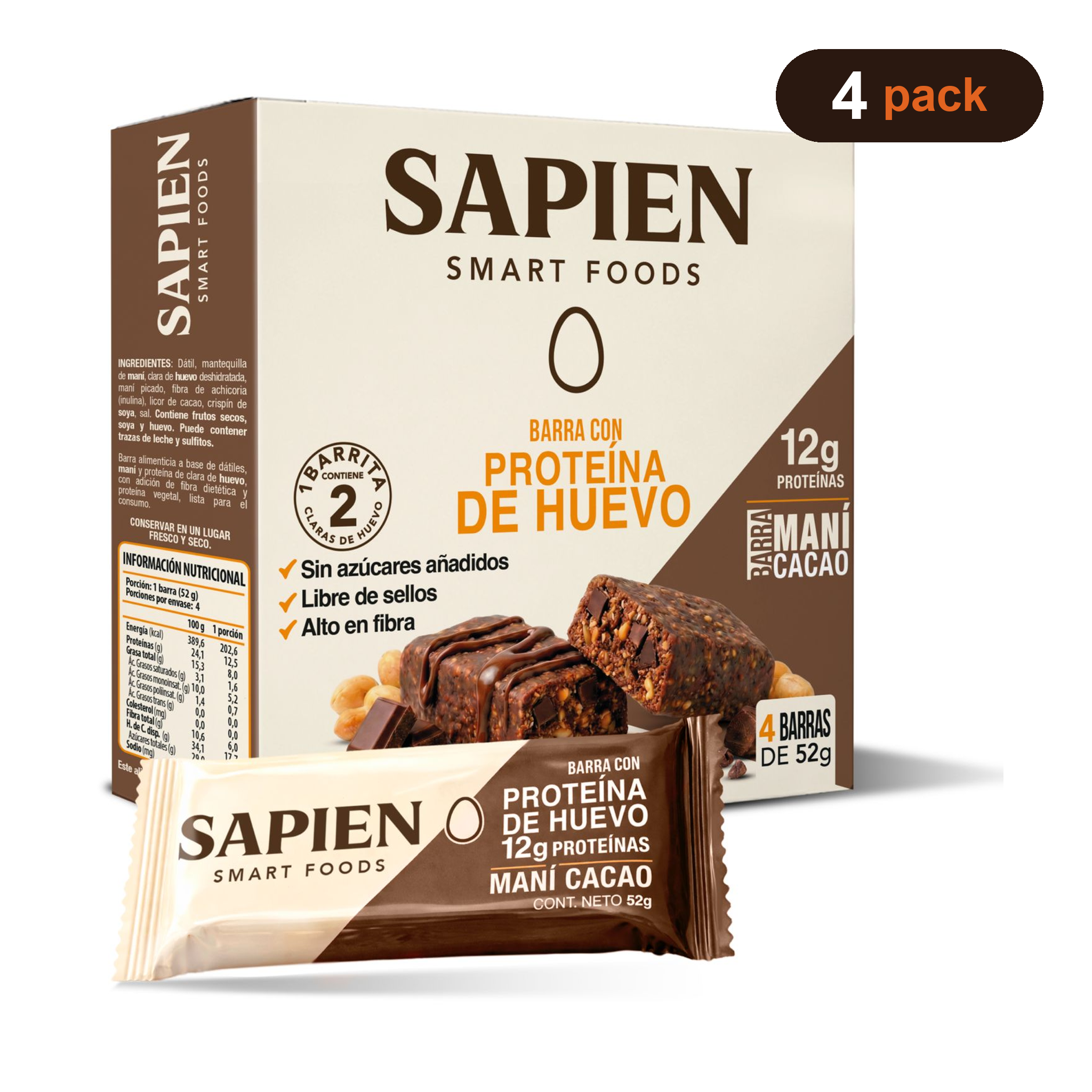 Caja de 4 barras Sapien Maní Cacao 52g